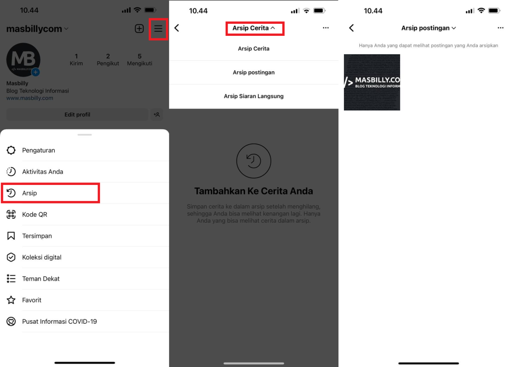 cara melihat arsip Instagram